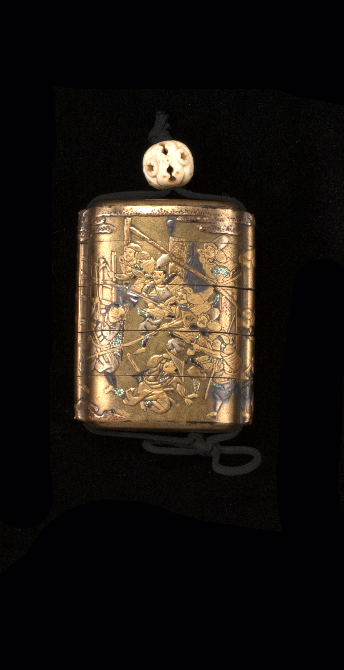 Appraisal: FOUR-CASE GOLD LACQUER INRO th CenturyWith a mother-of-pearl inlaid scene