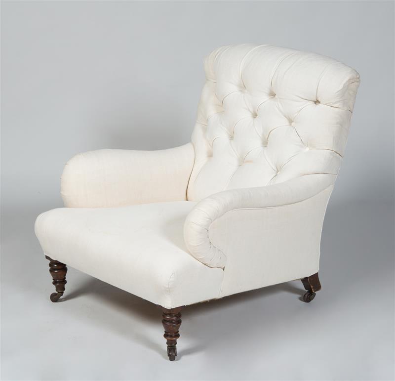 Appraisal: Victorian Mahogany Tufted Muslin-Upholstered Library Armchair x x in Property