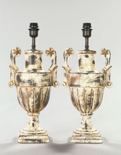 Appraisal: Pair of Italian Turned Carved and White-Painted Wooden Two-Handled Vasiform