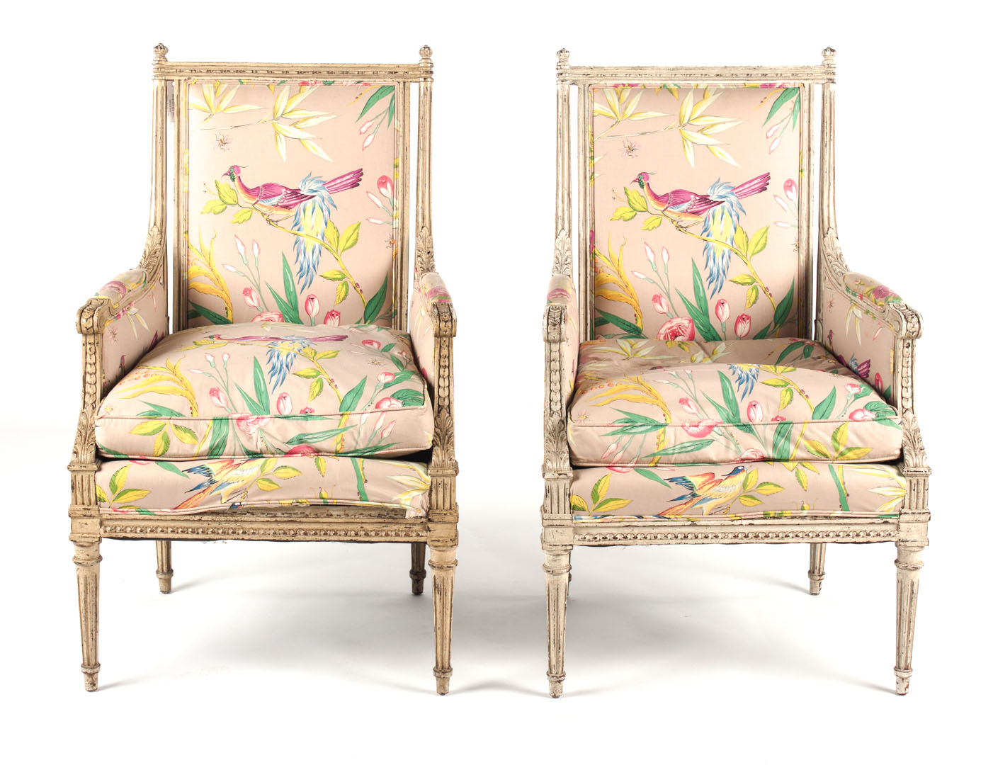 Appraisal: Pair of Louis XVI style painted wood armchairs th century