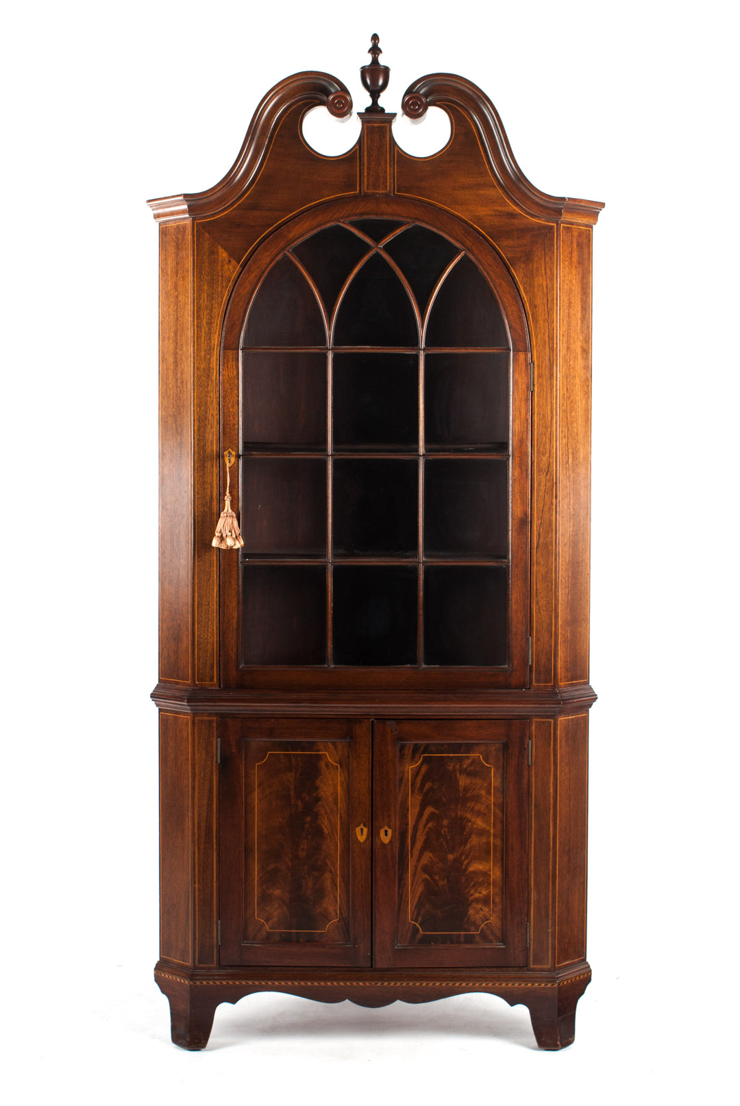 Appraisal: Potthast Bros mahogany corner cupboard mid- th century Federal style