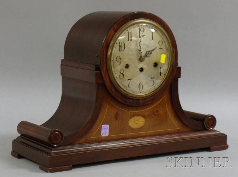 Appraisal: Inlaid Quarter-chiming Mahogany Mantel Clock Germany with Arabic numeral silvered