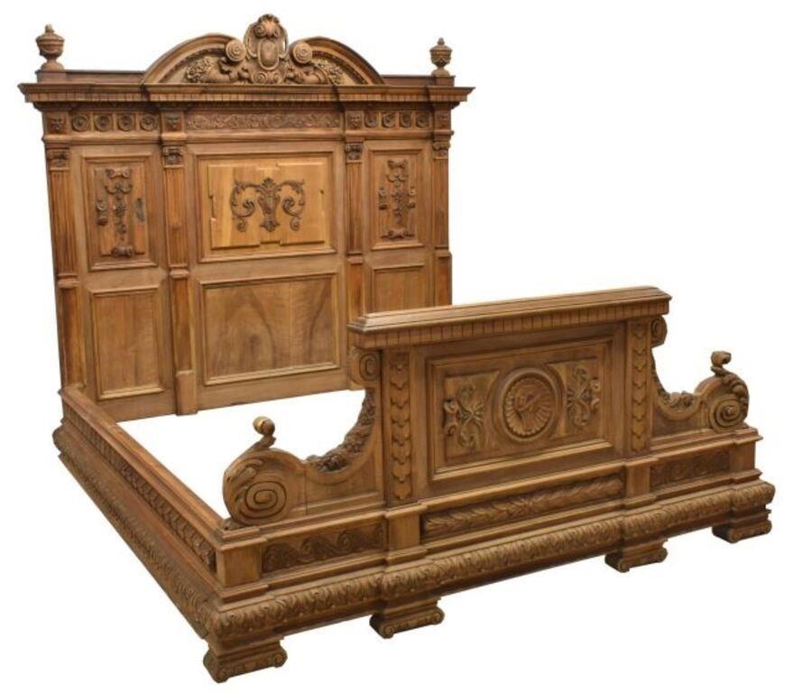 Appraisal: Monumental Italian carved walnut bed th c headboard crest with