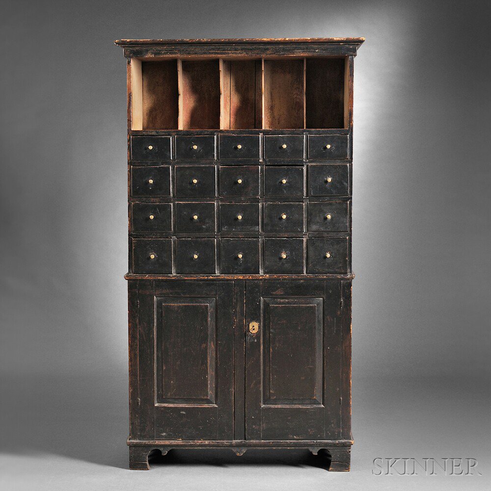 Appraisal: Black-painted Apothecary Cupboard probably New England early th century flat