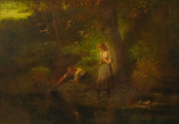 Appraisal: George Inness Jr American - Girls Fishing Oil on wood