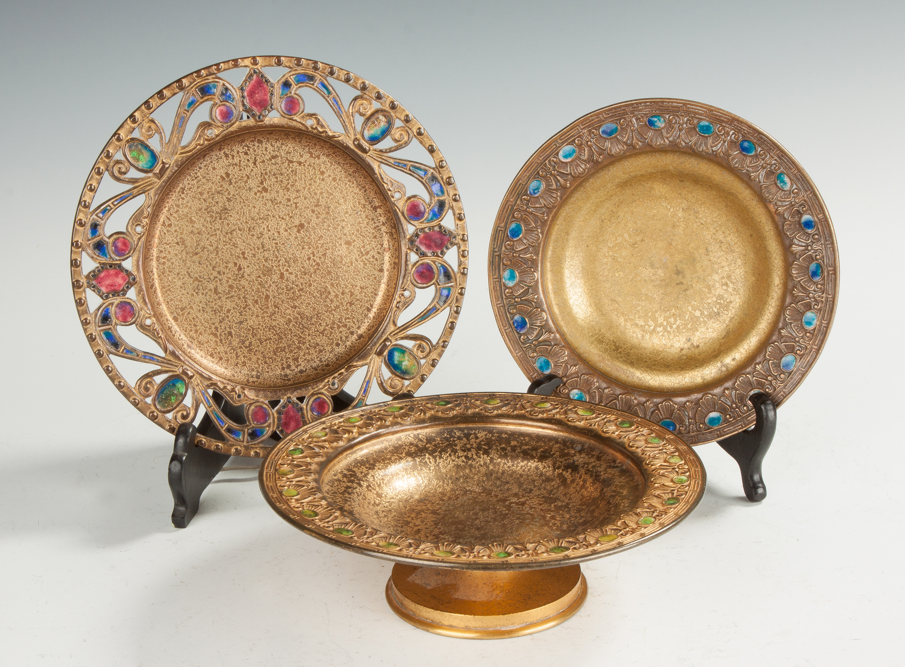 Appraisal: Tiffany Studios Bronze Enameled Compote and Two Plates L to