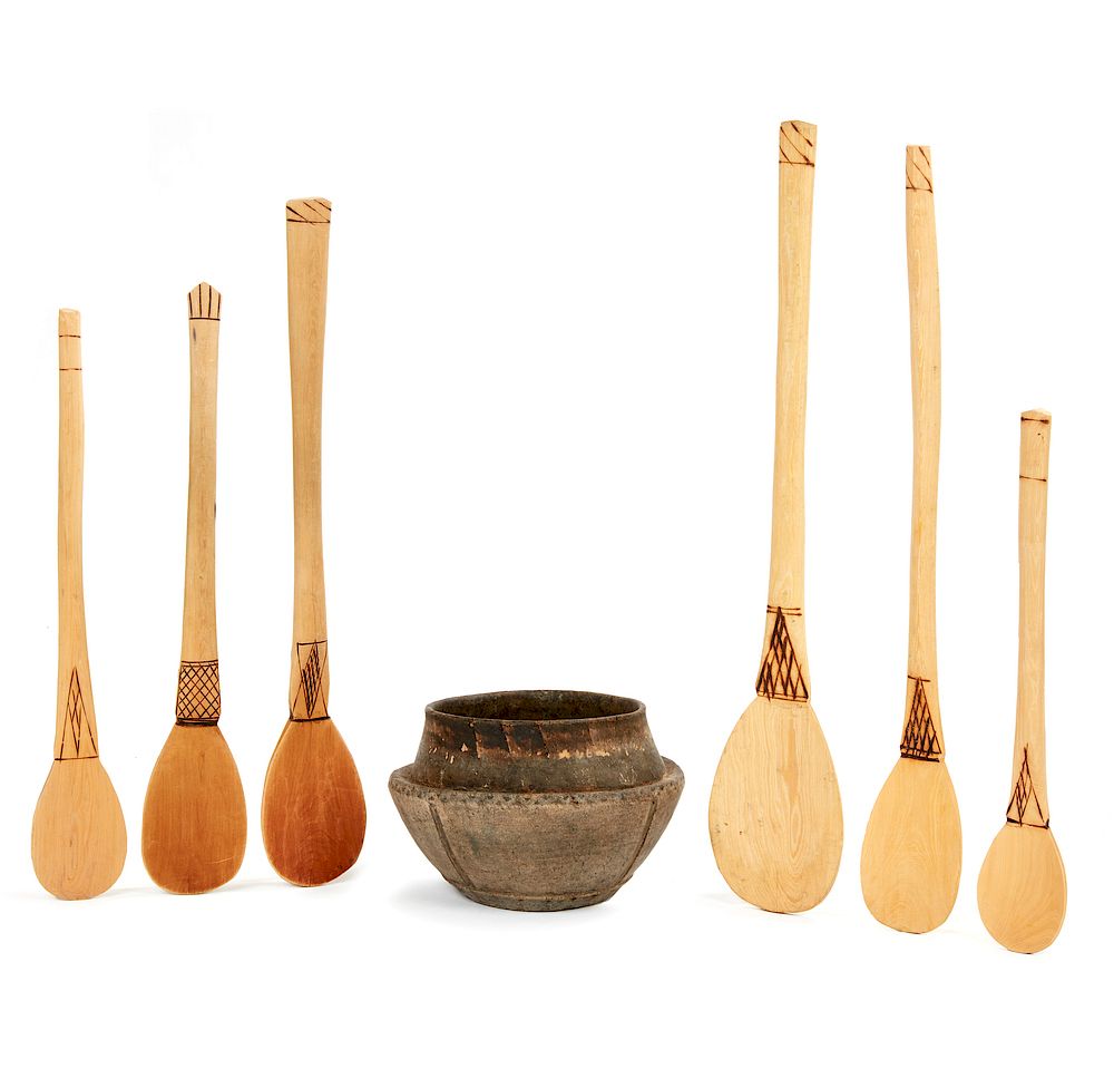 Appraisal: Six Spoons and Bowl Lot of six wood spoons and