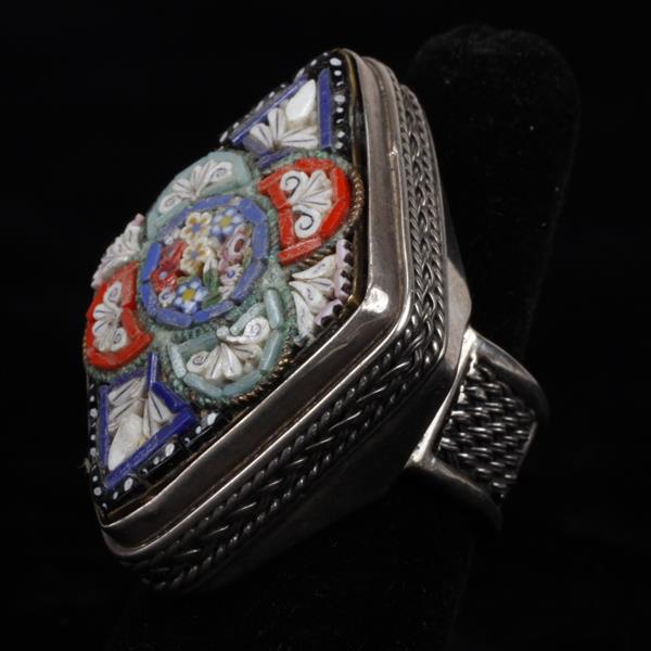 Appraisal: Italian Micro Mosaic Floral GIANT Silver Ring Marked Made in