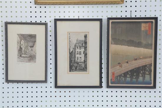 Appraisal: THREE FRAMED PIECES Etching titled ''San Juan Capistrano'' and pencil