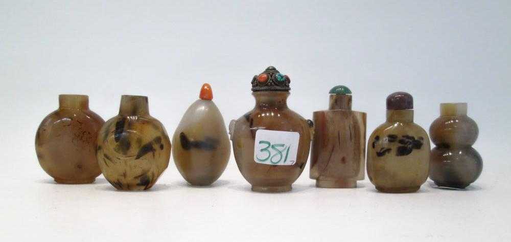 Appraisal: SEVEN CHINESE CARVED AGATE SNUFF BOTTLES in various forms and