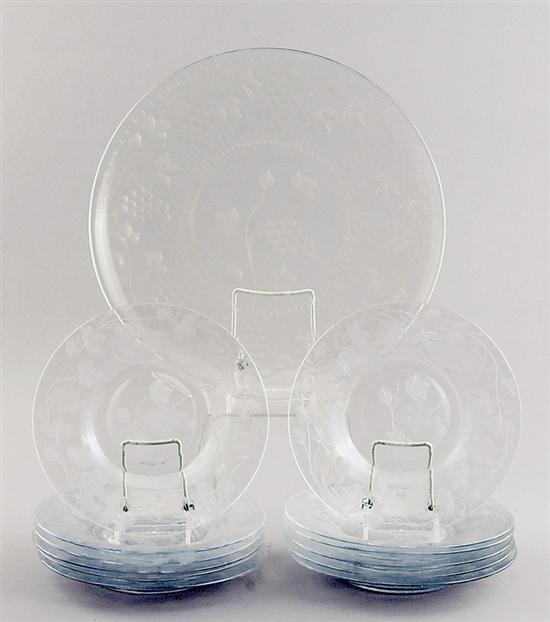 Appraisal: Etched crystal salad serving set floral design comprising plates Dia