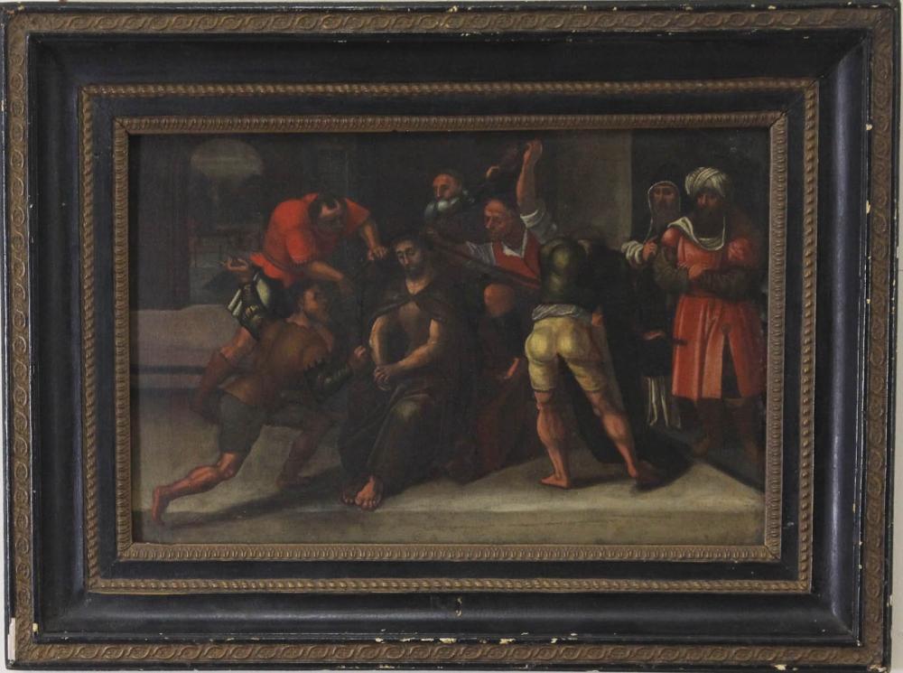 Appraisal: OIL ON PANEL Christ beaten while awaiting trial th century