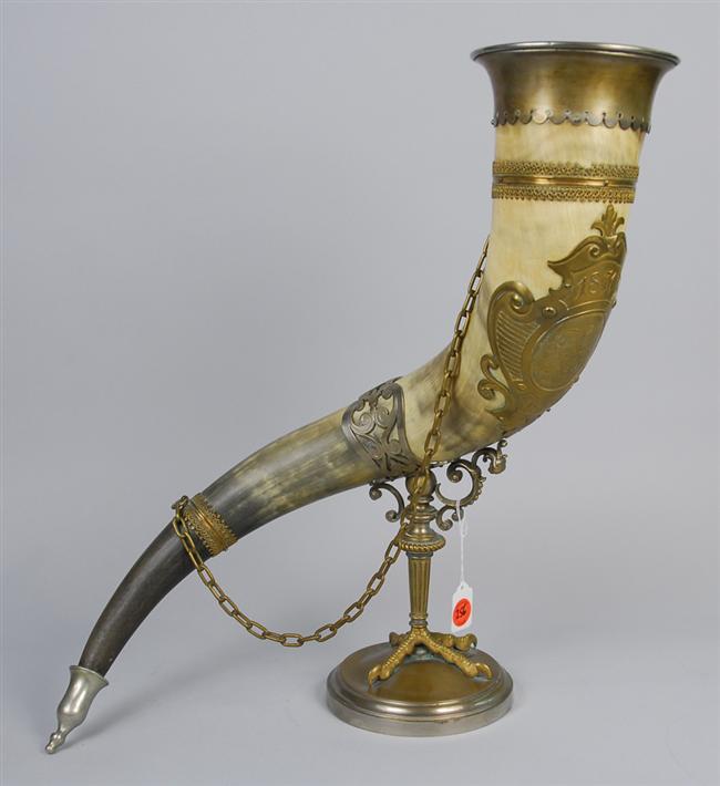 Appraisal: CONTINENTAL BRASS MOUNTED HORN ON STAND dated and monogrammed F