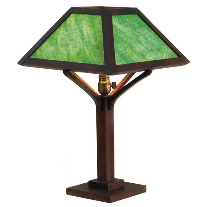 Appraisal: Arts Crafts table lamp pyramidal shade with green slag glass