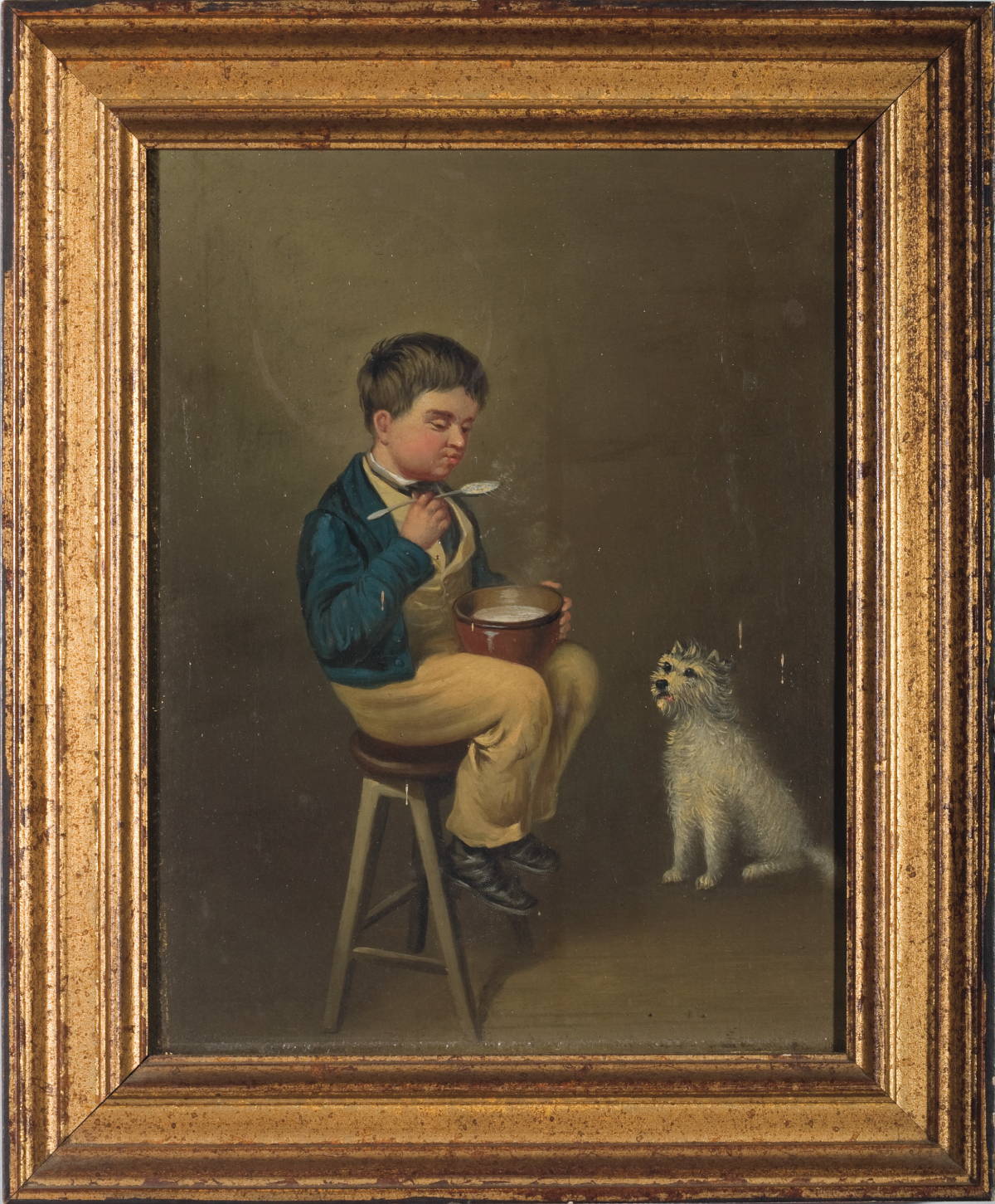 Appraisal: GENRE PAINTING OF A BOY SITTING ON A STOOL AND