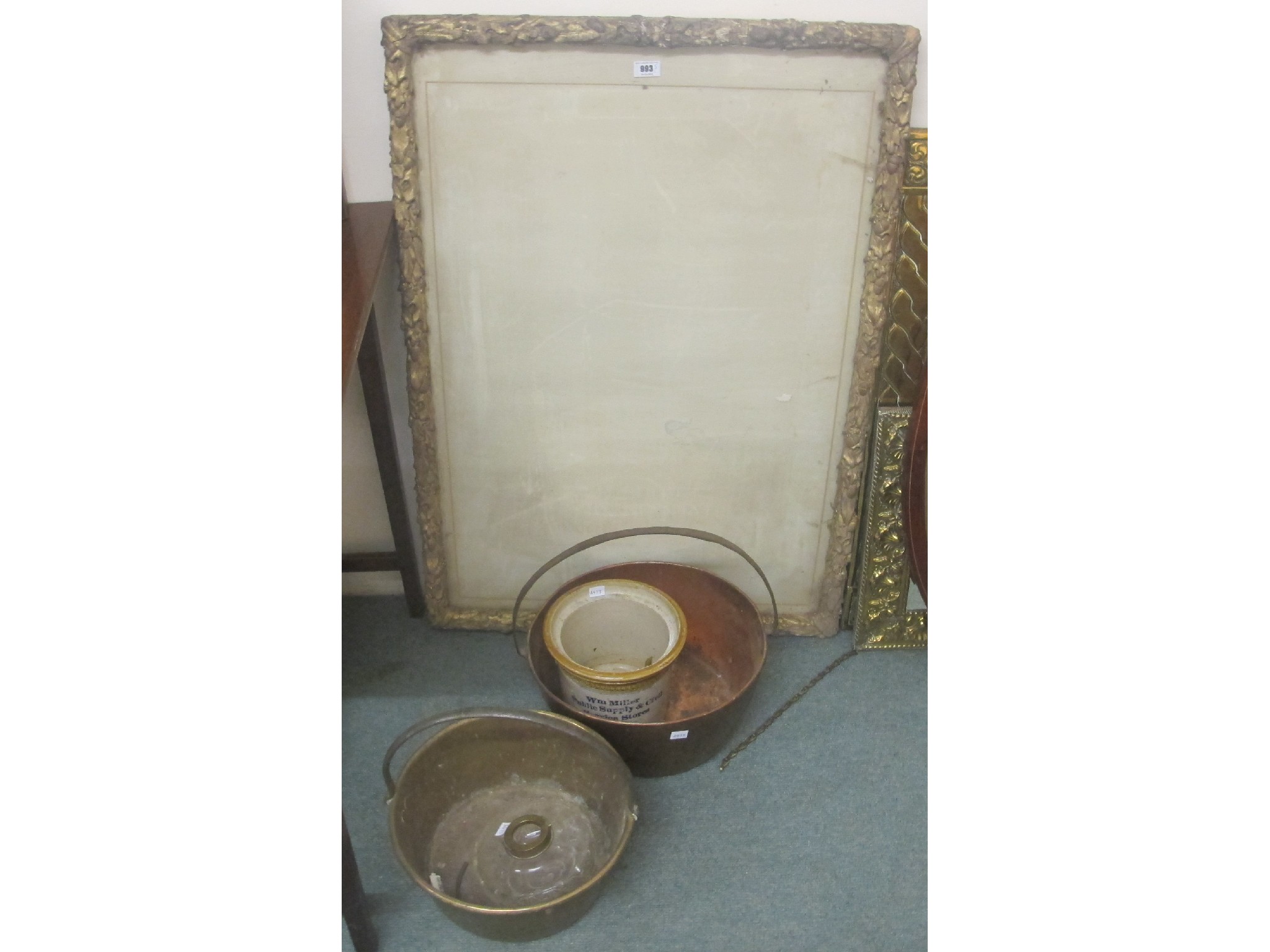 Appraisal: Two jelly pans stoneware pot lamp reservoir and a picture