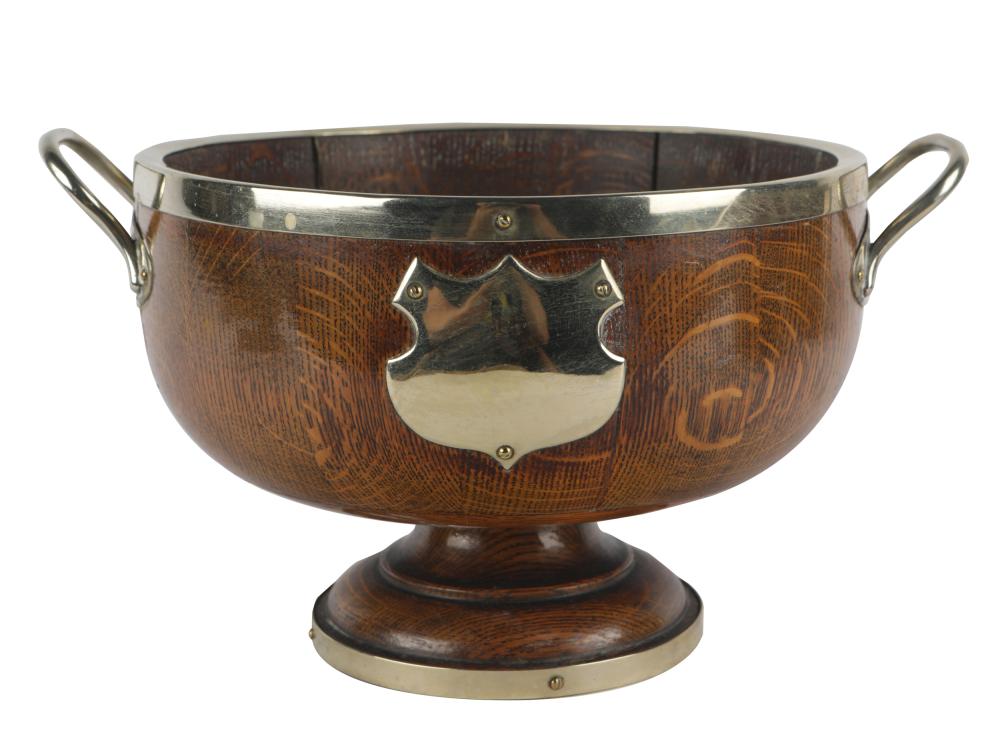 Appraisal: ENGLISH OAK FOOTED BOWLwith metal mounts inches wide inches high