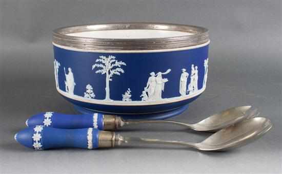 Appraisal: Wedgwood silver plated-mounted blue jasperware bowl with matching salad serving