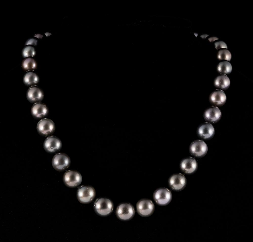 Appraisal: Tahitian Pearl Necklace graduated round cultured pearls dark gray color