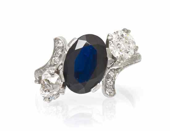 Appraisal: An Art Deco Platinum Sapphire and Diamond Ring in a