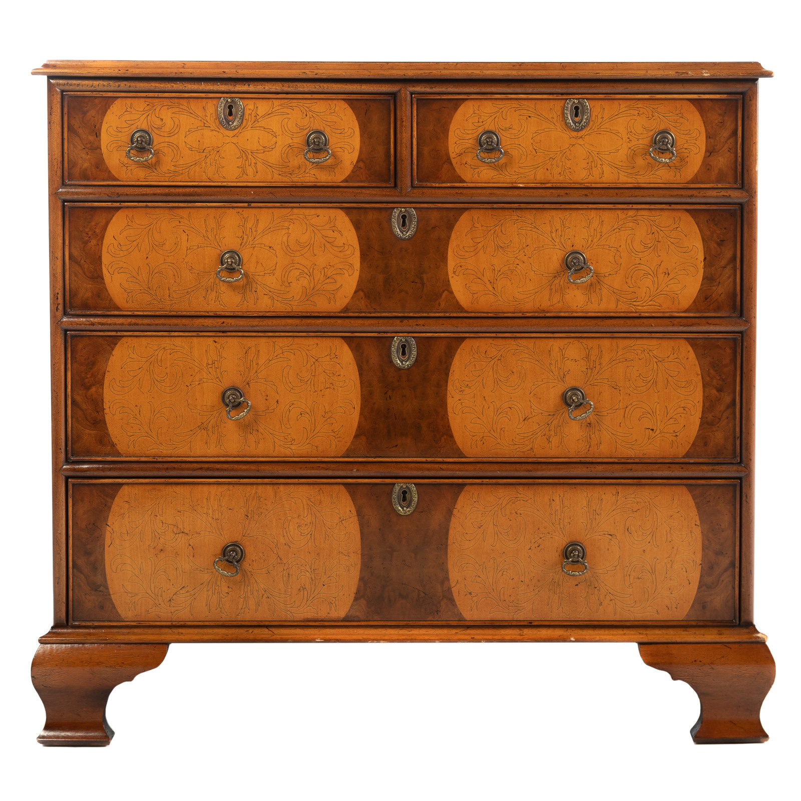 Appraisal: GEORGIAN STYLE INLAID CHEST OF DRAWERS th century with burled