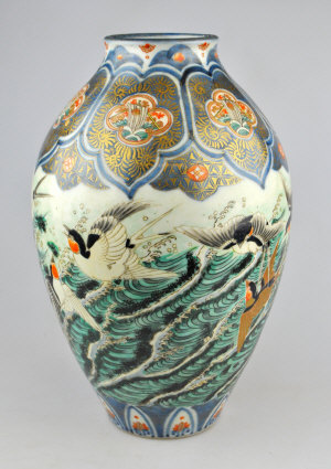 Appraisal: Japanese polychrome ovoid vase decorated with swallows and breaking waves