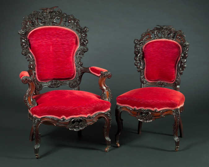 Appraisal: Rare and Important American Rococo Revival Rosewood Armchair and Matching