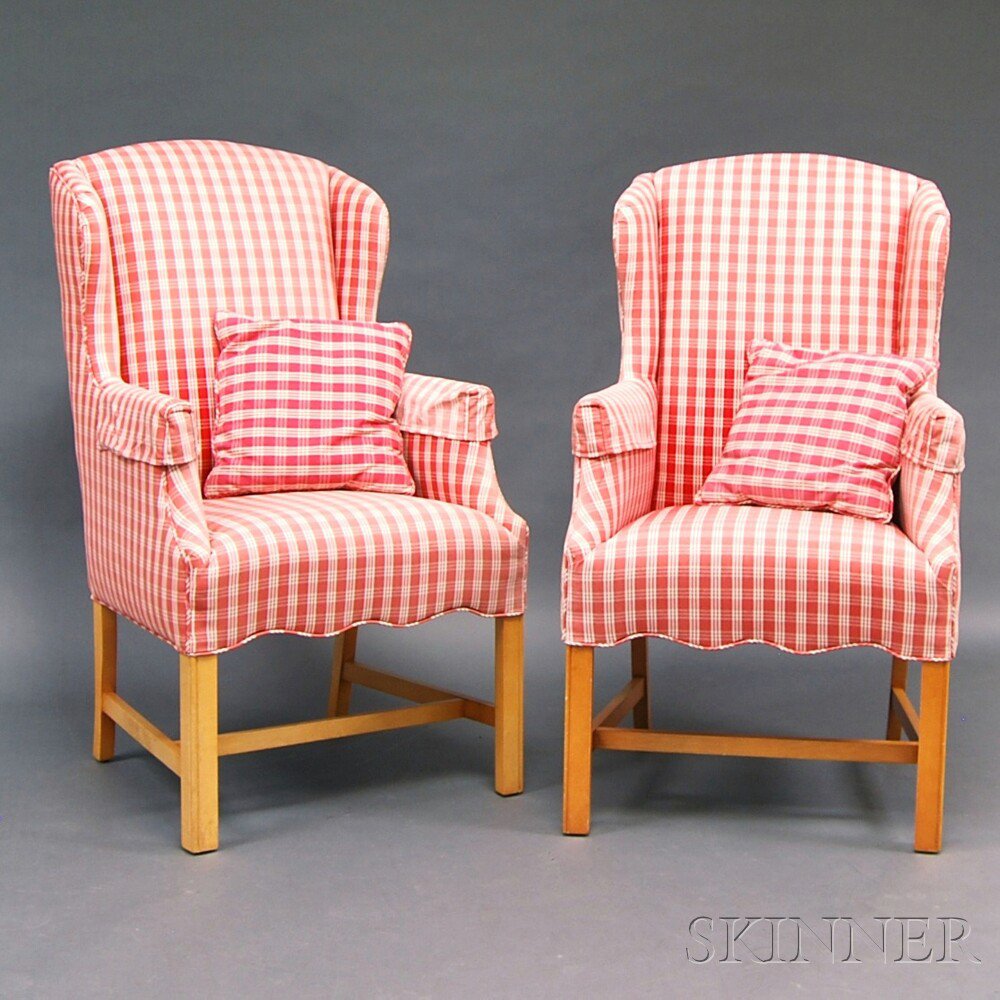 Appraisal: Pair of Chippendale-style Upholstered Maple Wing Chairs Estimate - The