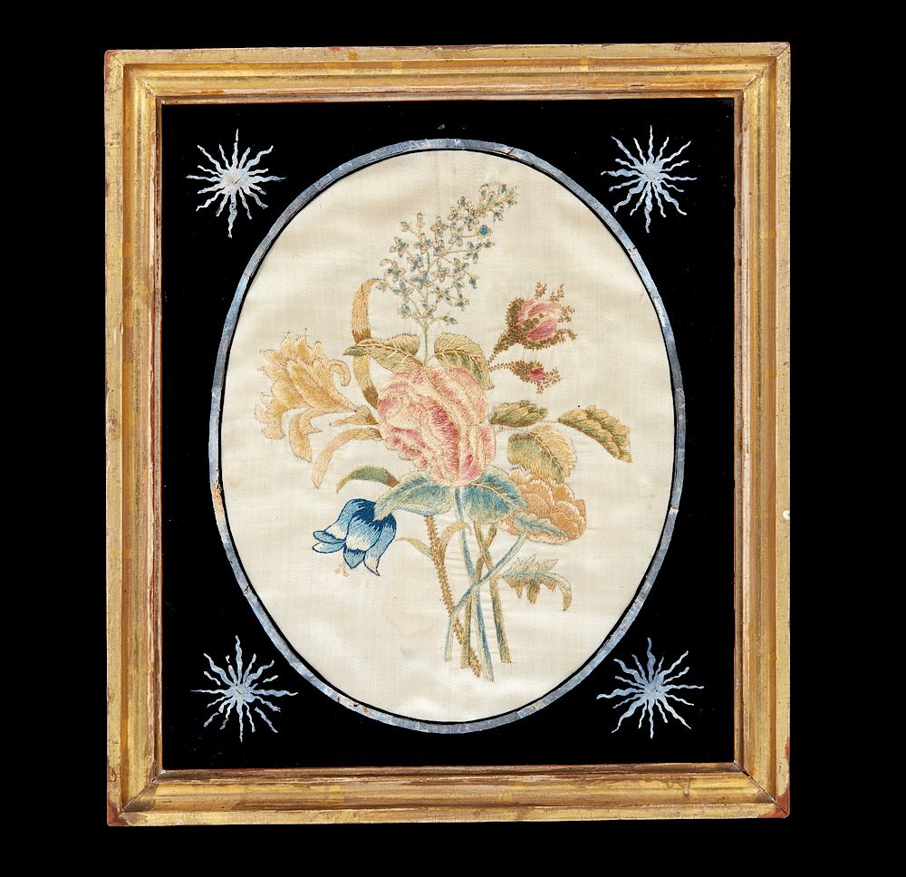 Appraisal: Framed Needlework Framed needlework on silk under eglomise decorated glass