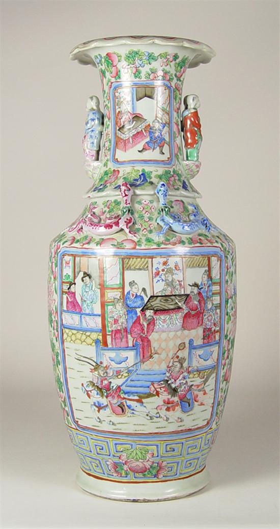 Appraisal: Famille Rose Vase Early th Century Molded figures as handles