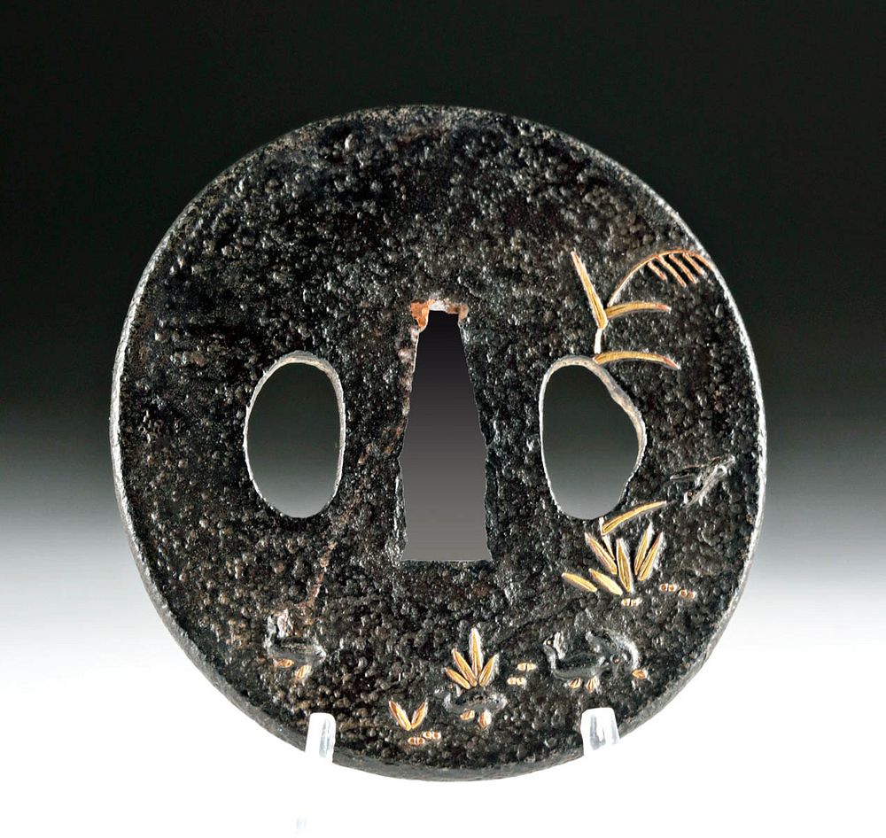 Appraisal: th C Japanese Edo Gilded Iron Tsuba w Ducks Originally