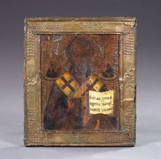 Appraisal: Russian Polychromed and Parcel-Gilt Wooden Ikon of Saint Nicholas the