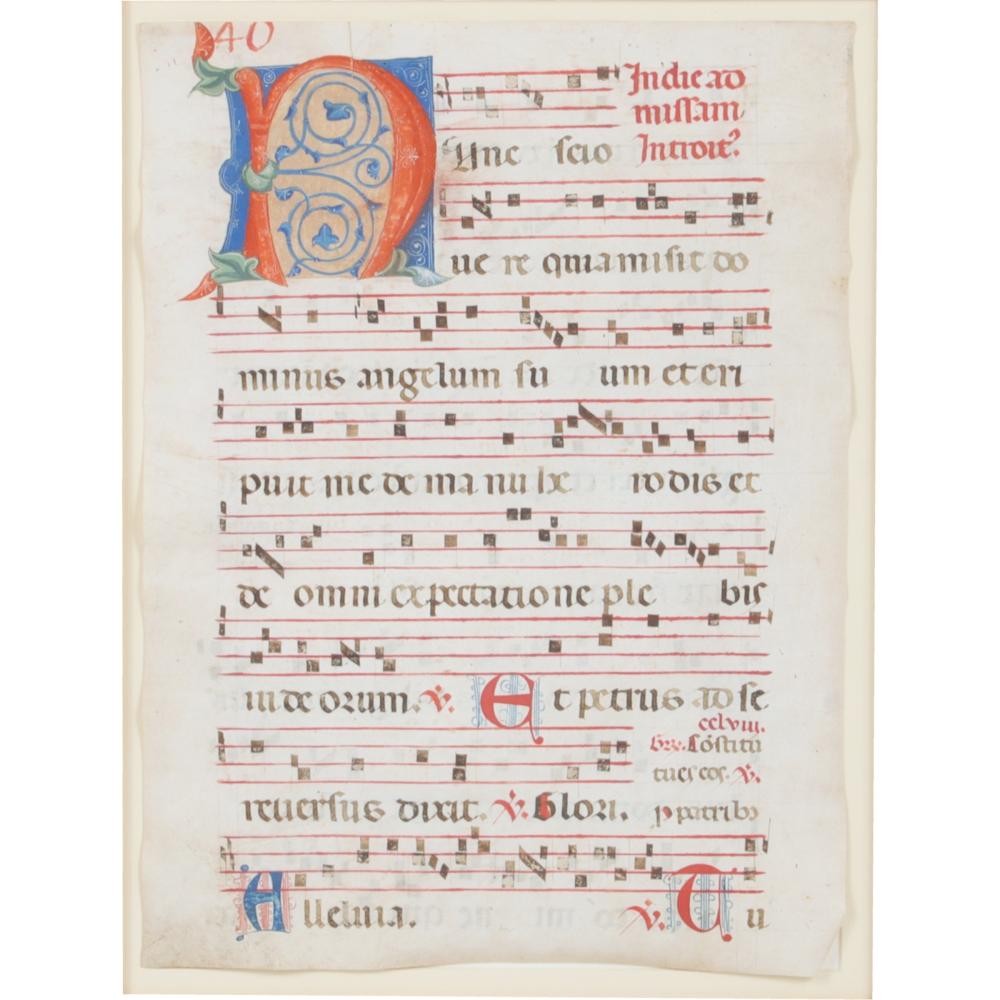 Appraisal: FRENCH HAND PAINTED ILLUMINATED LEAF ANTIPHONAL VELLUM SHEET OF MUSIC