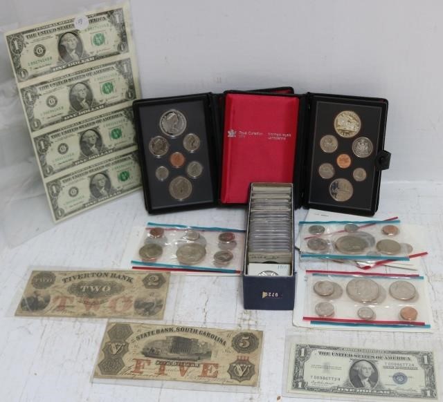 Appraisal: LOT OF COINS AND PAPER CURRENCY TO INCLUDE TWOCANADIAN MINT