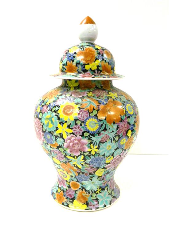 Appraisal: Porcelain covered jar black field with polychromatic floral decoration large