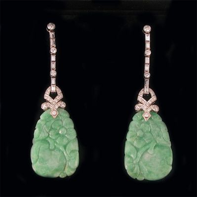 Appraisal: A pair of jade and diamond drop earrings the foliate