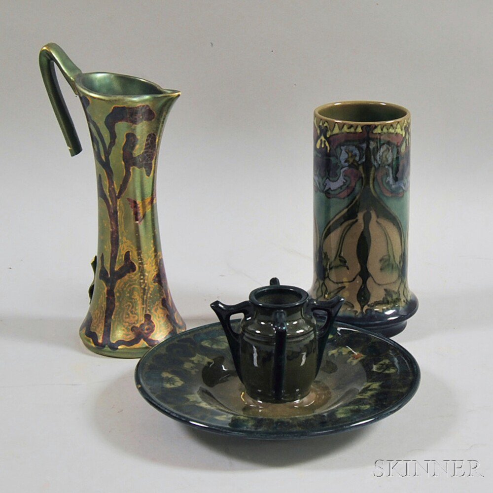 Appraisal: Three Art Pottery Items th century a high gloss Zuid