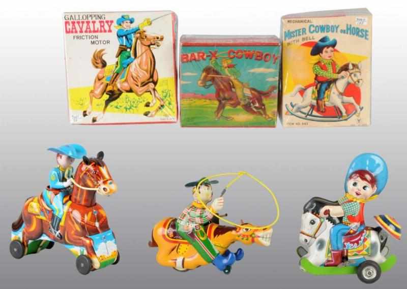 Appraisal: Lot of Tin Litho Cowboy Horse Toys Description Japanese Working