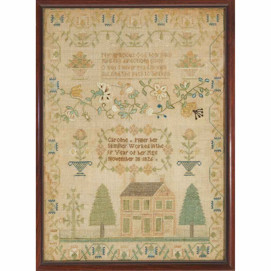 Appraisal: American Needlework Sampler Worked by Caroline Miller Depicting a house