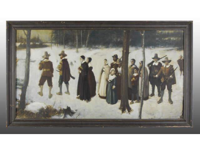 Appraisal: Large Framed Pilgrim Snow Scene Print Description Depicting Pilgrims in