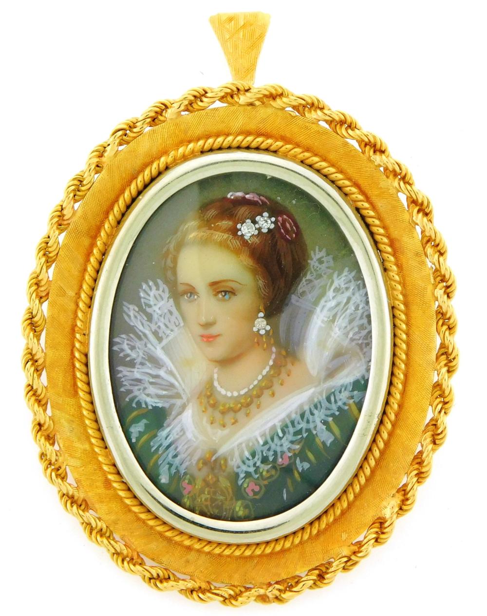 Appraisal: JEWELRY K MINIATURE PORTRAIT PIN PENDANT OVAL FRAME WITH ROPE