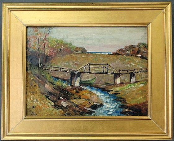 Appraisal: Oil on canvas painting of a landscape with a bridge