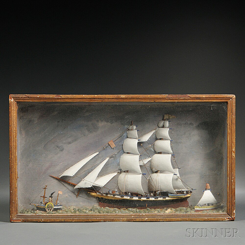 Appraisal: Carved and Painted Ship Diorama in a Shadow Box Frame