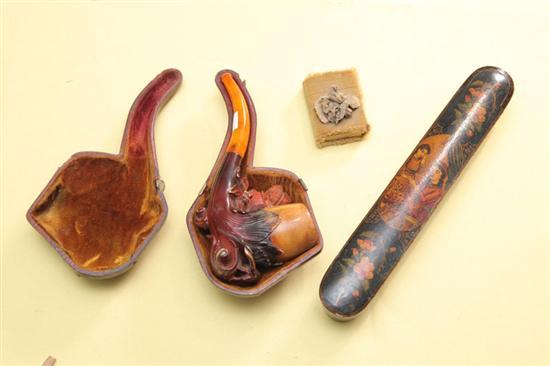 Appraisal: THREE ORIENTAL PIECES A paper mache pen holder l A