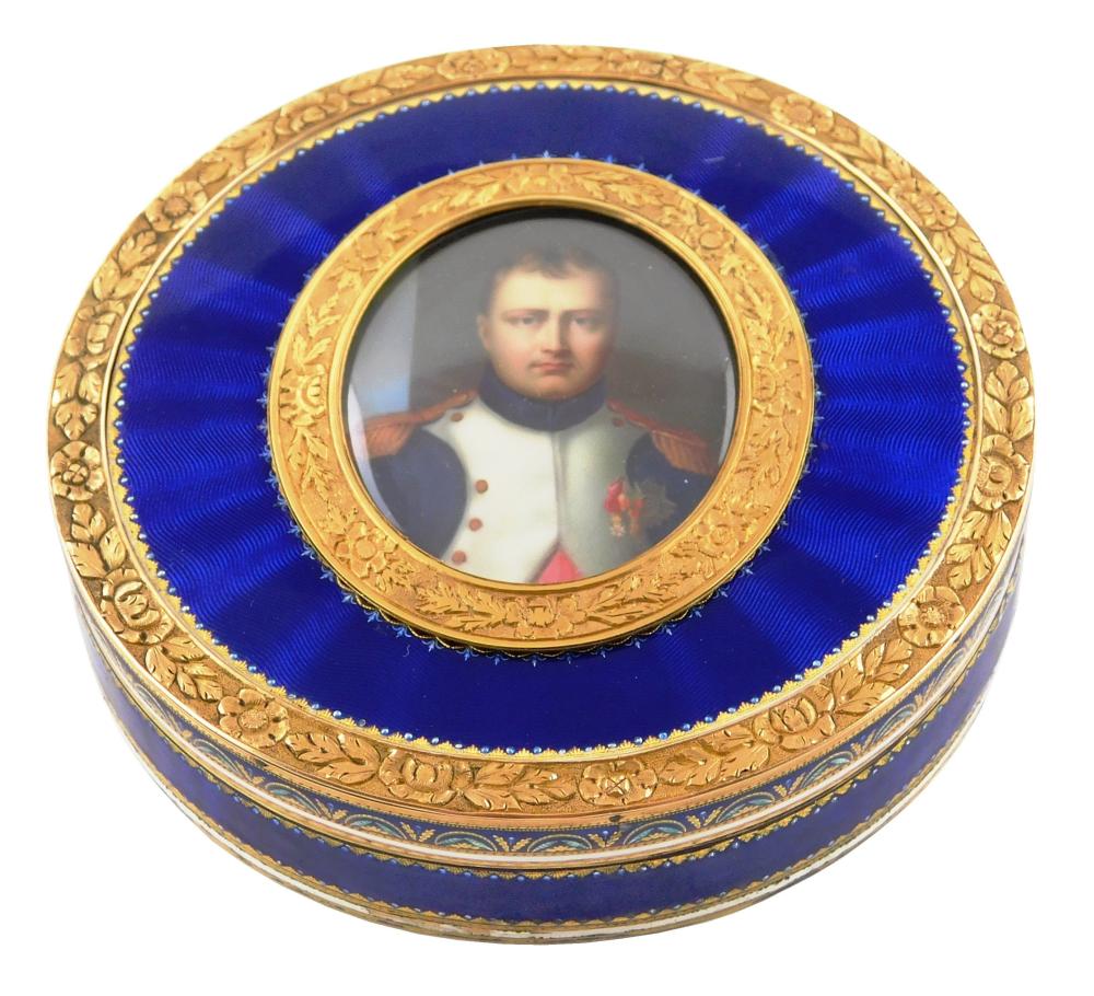 Appraisal: K Antique enameled Napoleon snuff box round box with removable