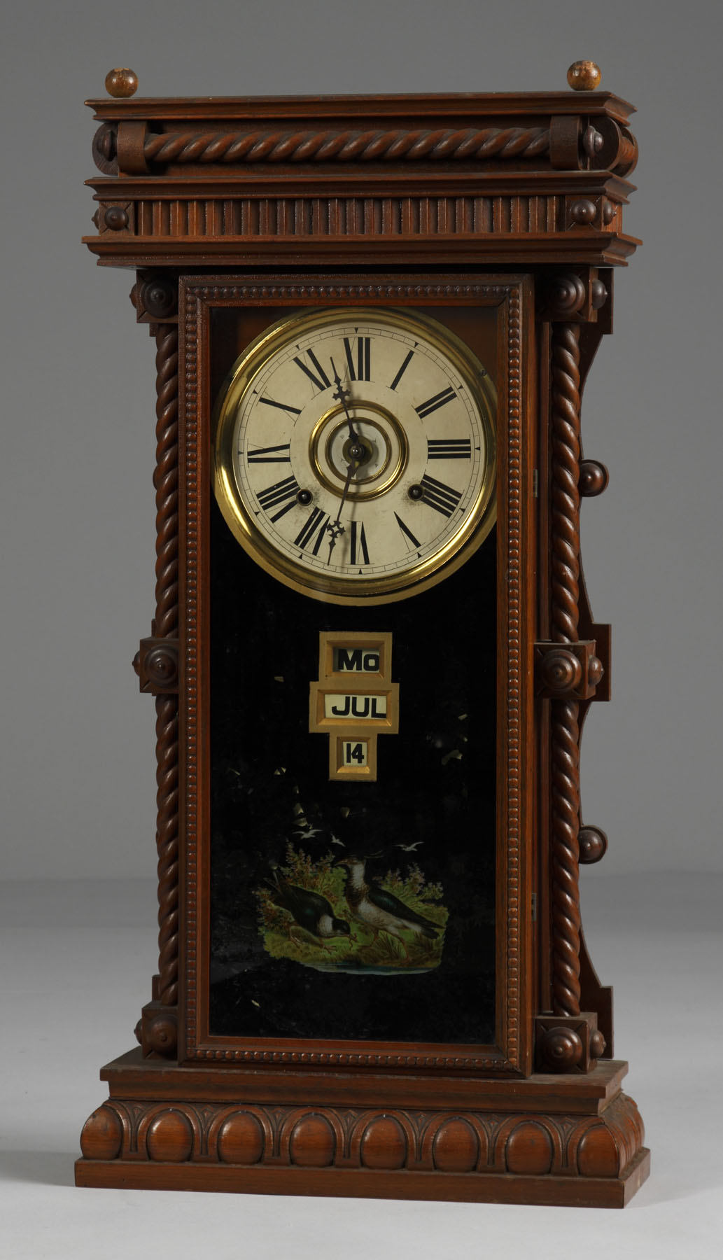 Appraisal: Gilbert Shelf Clock Wm L Elberon Carved walnut case twisted