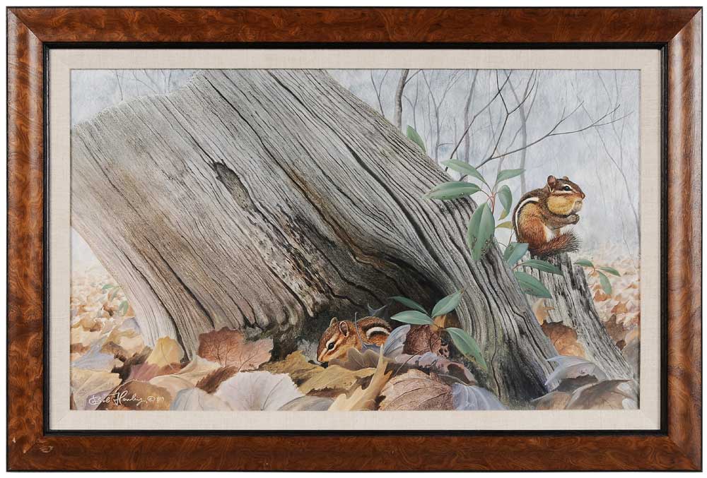 Appraisal: Bob Henley Virginia born Two Chipmunks on a Stump signed