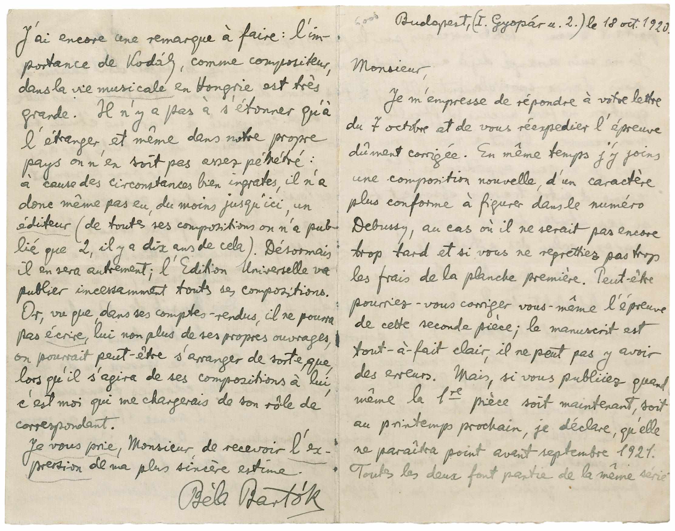 Appraisal: BARTOK BELA - Autograph Letter Signed ''Bela Bartok'' in French