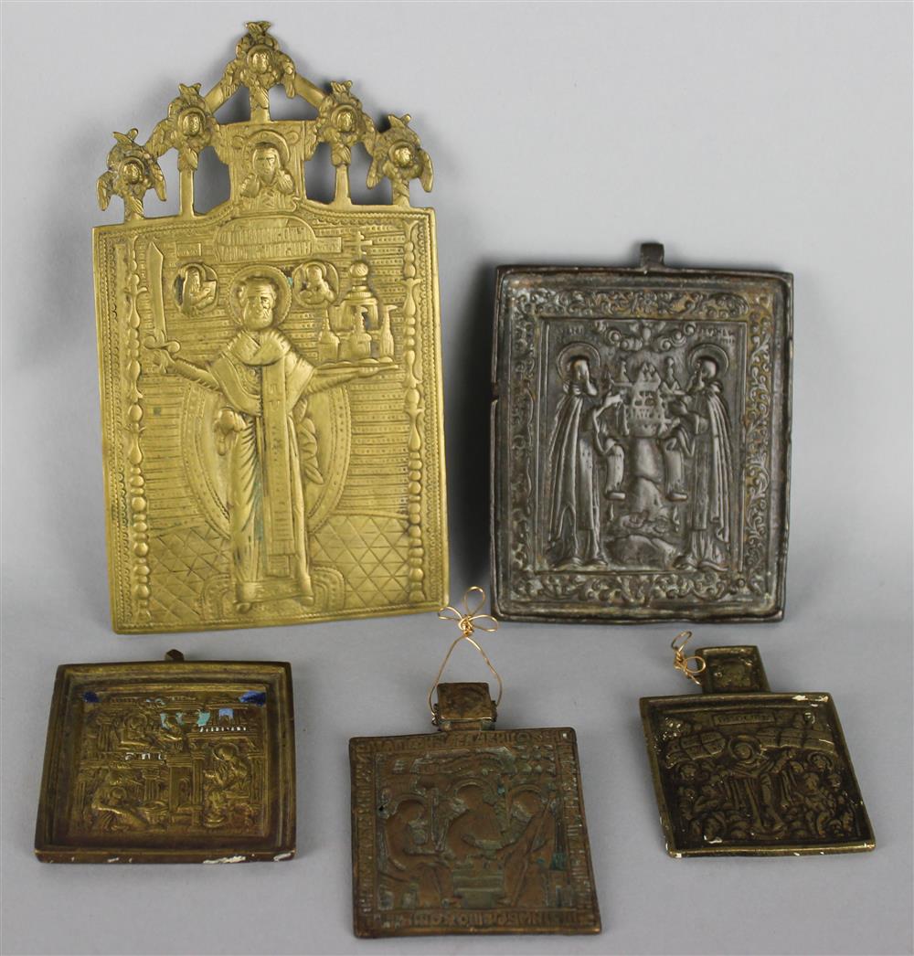 Appraisal: GROUP OF SMALL BRONZE RUSSIAN ICONS the first with reticulated