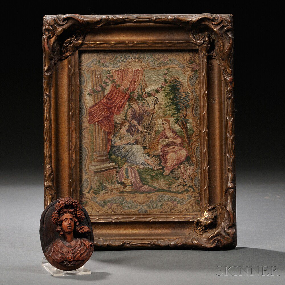 Appraisal: Carved Wood Portrait Miniature and Needlework Genre Scene the portrait